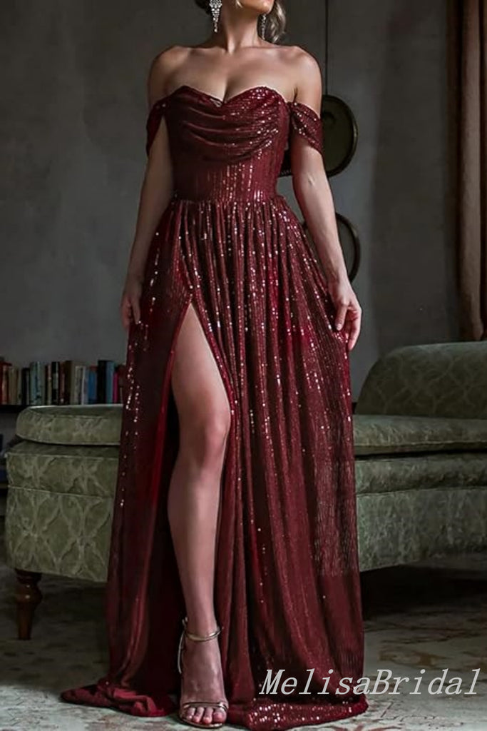 Sparkle Burgundy Off-the-shoulder A-line Evening Gown Long Evening Party Prom Dresses,MB819
