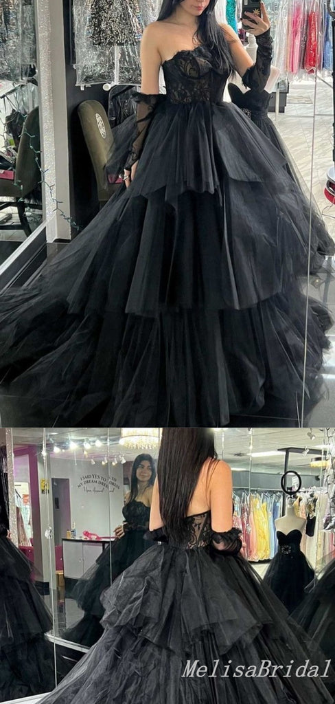 Black Lace Appliques Sheer Corset Strapless Layer A-Line Evening Gown Maxi Long Evening Party Prom Dresses With Trailing  ,MB613