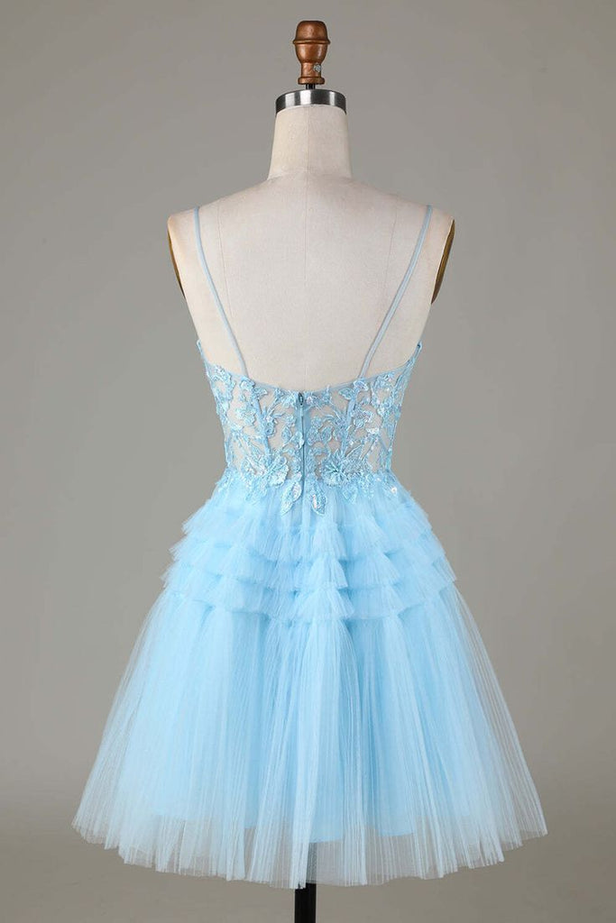 Elegant Blue Spaghetti Straps Lace Appliques Ruffles Tulle Simple Cheap Sheath Short Homecoming Dresses, HD197