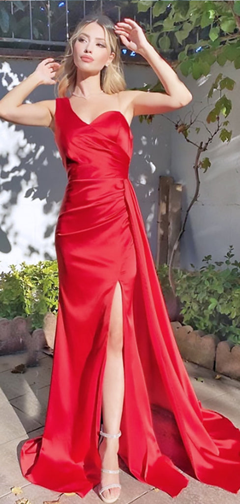 Elegant Red One Shoulder Side Slit Mermaid Long Evening Prom Dresses,MB120