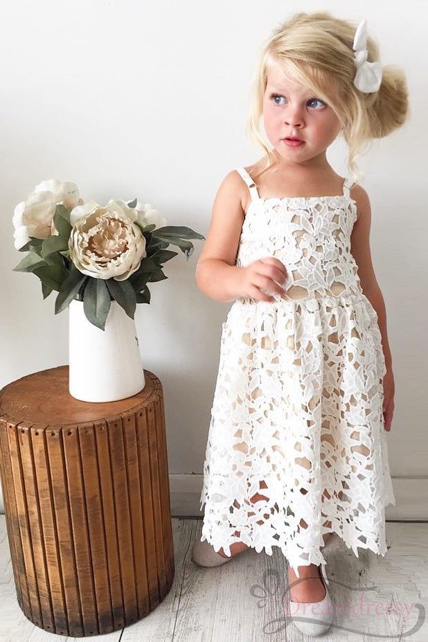 White Spaghetti Straps A- Line Cheap Simple Long Flower Girl Dresses ,FG40
