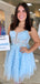 Elegant Blue Spaghetti Straps Lace Appliques Ruffles Tulle Simple Cheap Sheath Short Homecoming Dresses, HD197