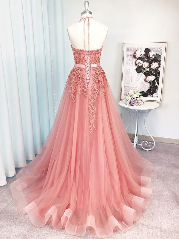 Pink Halter Lace Appliques A-line Evening Gown Maxi Long Evening Party Prom Dresses,MB709