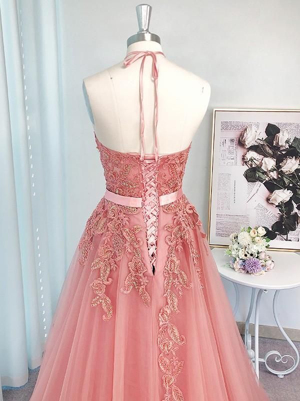 Pink Halter Lace Appliques A-line Evening Gown Maxi Long Evening Party Prom Dresses,MB709