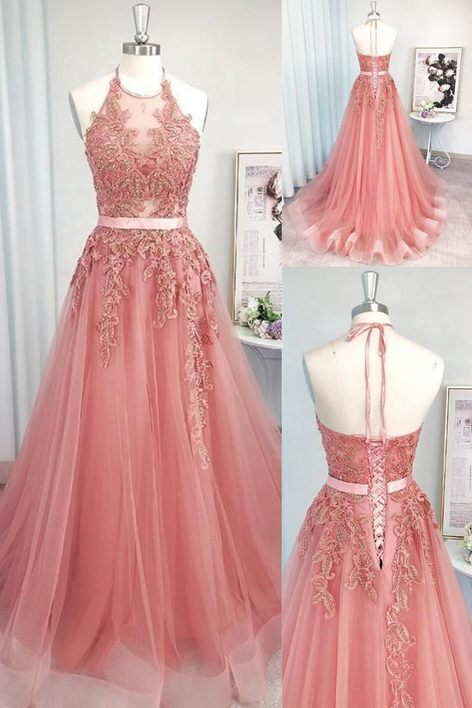 Pink Halter Lace Appliques A-line Evening Gown Maxi Long Evening Party Prom Dresses,MB709