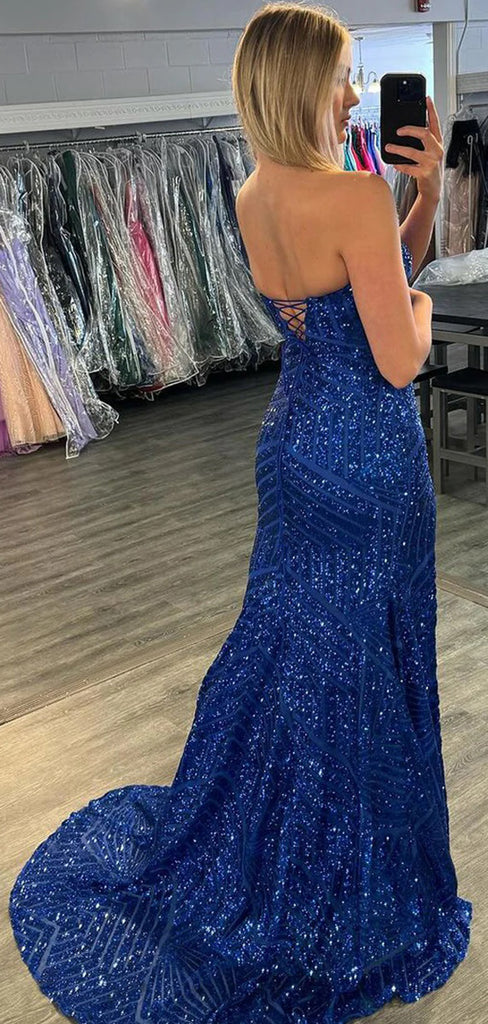 Sparkly Navy Blue Sequin Side Slit Lace Up Back Panel Train Mermaid Evening Prom Dresses,MB17