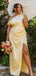 Elegant Yellow One Shoulder Side Slit Mermaid Long Evening Prom Dresses,MB123