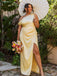 Elegant Yellow One Shoulder Side Slit Mermaid Long Evening Prom Dresses,MB123