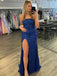 Sparkly Navy Blue Sequin Side Slit Lace Up Back Panel Train Mermaid Evening Prom Dresses,MB17
