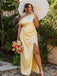 Elegant Yellow One Shoulder Side Slit Mermaid Long Evening Prom Dresses,MB123