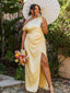 Elegant Yellow One Shoulder Side Slit Mermaid Long Evening Prom Dresses,MB123