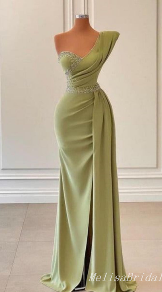 Green Beaded One Shoulder Mermaid Evening Gown Maxi Long Evening Party Prom Dresses ,MB779