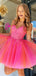 Elegant Pink Tulle Ruffle Sequin Spaghetti Straps V Neck A-Line Cheap Simple Short Homecoming Dresses, HD82