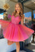 Elegant Pink Tulle Ruffle Sequin Spaghetti Straps V Neck A-Line Cheap Simple Short Homecoming Dresses, HD82