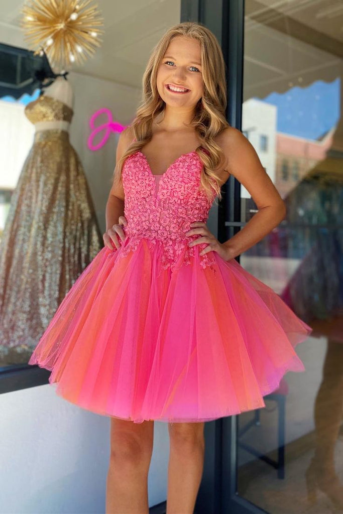 Elegant Pink Tulle Ruffle Sequin Spaghetti Straps V Neck A-Line Cheap Simple Short Homecoming Dresses, HD82