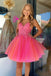 Elegant Pink Tulle Ruffle Sequin Spaghetti Straps V Neck A-Line Cheap Simple Short Homecoming Dresses, HD82