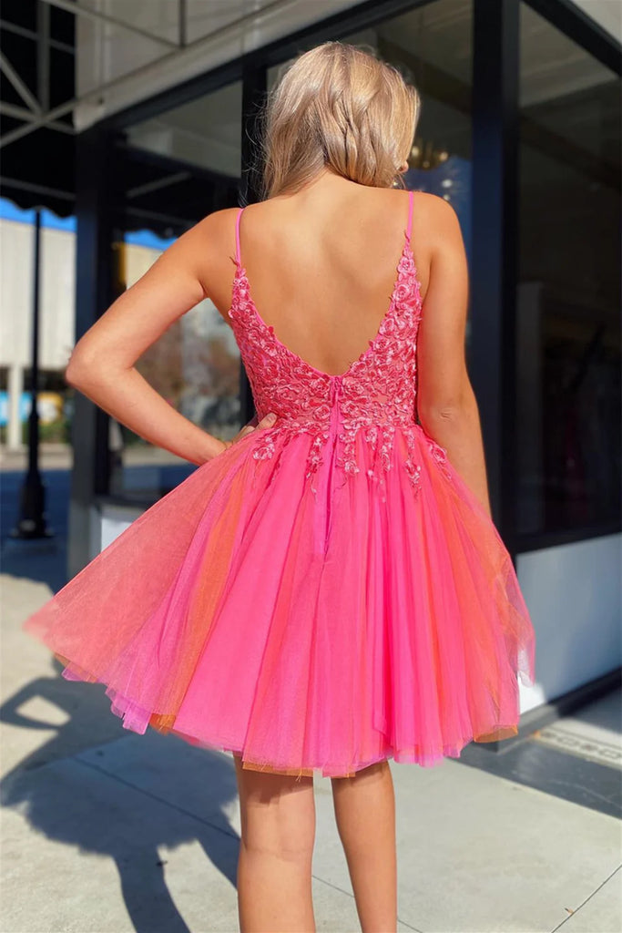 Elegant Pink Tulle Ruffle Sequin Spaghetti Straps V Neck A-Line Cheap Simple Short Homecoming Dresses, HD82