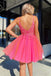 Elegant Pink Tulle Ruffle Sequin Spaghetti Straps V Neck A-Line Cheap Simple Short Homecoming Dresses, HD82