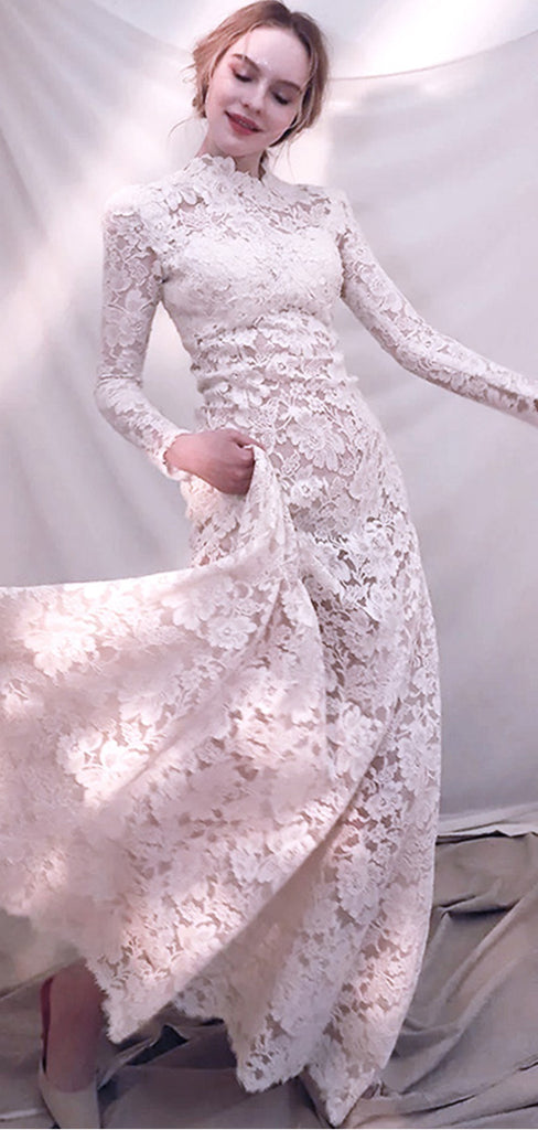 Elegant White Long Sleeve Lace Appliques Tulle Long A-Line Wedding Dresses , WD18