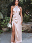 Elegant Halter Side Slit Lace Up Back Mermaid Long Evening Prom Dresses,MB124