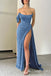 Blue Strapless Mermaid Evening Gown Long Evening Party Prom Dresses with High Slit,MB823