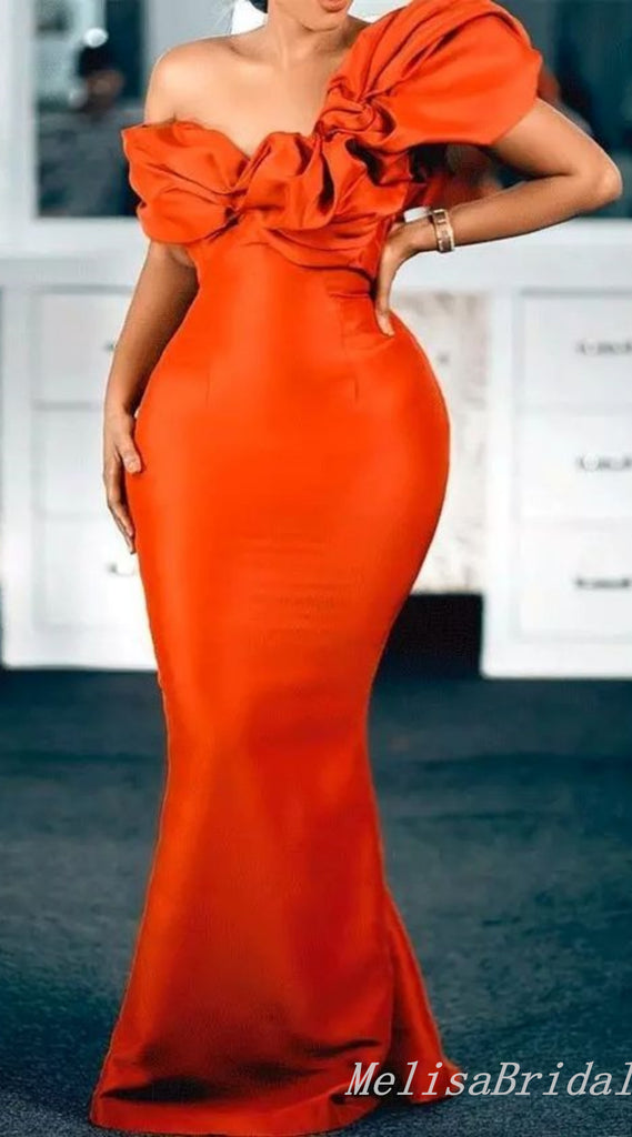 Orange One Shoulder Mermaid Evening Gown Maxi Long Evening Party Prom Dresses ,MB780