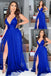 Blue Spaghetti Straps Plunging A-line Evening Gown Maxi Long Evening Party Prom Dresses,MB711