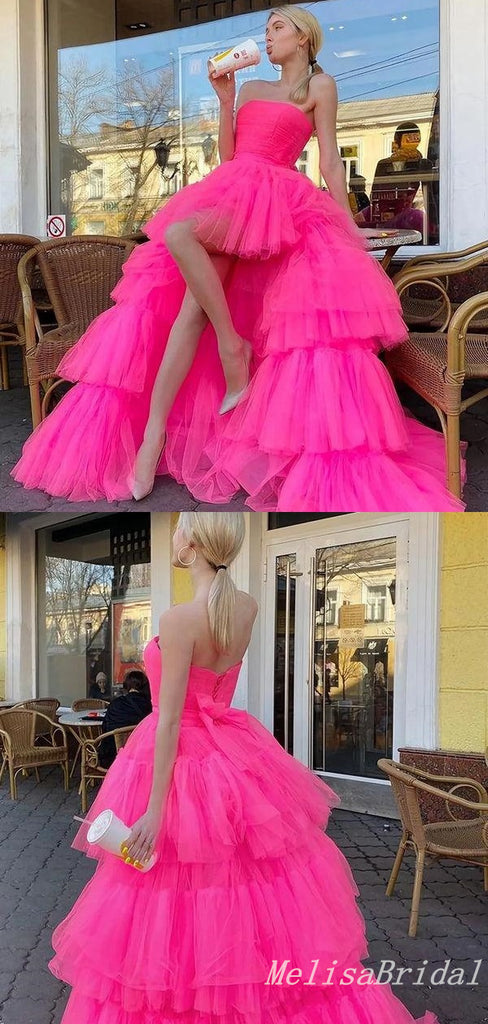 Pink Strapless High Low Layer Fluffy Evening Ball Gown Maxi Long Formal Dresses Prom Dresses ,MB582