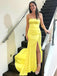 Elegant Yellow Side Slit Strapless Mermaid Long Evening Prom Dresses,MB128