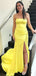 Elegant Yellow Side Slit Strapless Mermaid Long Evening Prom Dresses,MB128