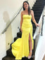 Elegant Yellow Side Slit Strapless Mermaid Long Evening Prom Dresses,MB128