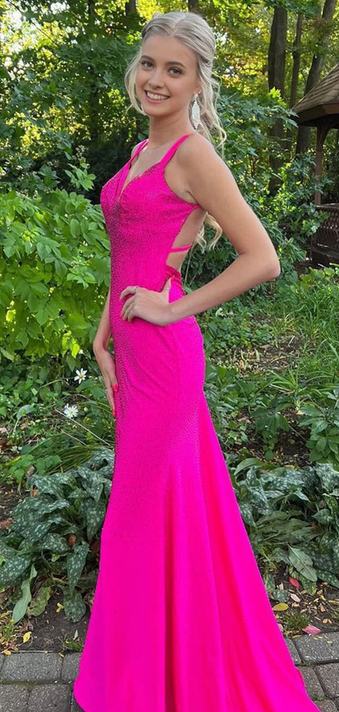 Elegant Pink Strapless Simple Spaghetti Strap beading Evening Prom Dresses,MB85