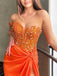 Gorgeous One Shoulder Orange PleatsSequin Side Slit Mermaid Evening Long Prom Dresses,MB60