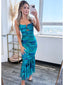 Elegant Blue Spaghetti Straps Ruffle Mermaid Long Evening Prom Dresses,MB107