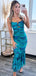 Elegant Blue Spaghetti Straps Ruffle Mermaid Long Evening Prom Dresses,MB107