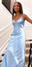 Elegant Blue Spaghetti Strap V Neck Simple Evening Prom Dresses,MB86
