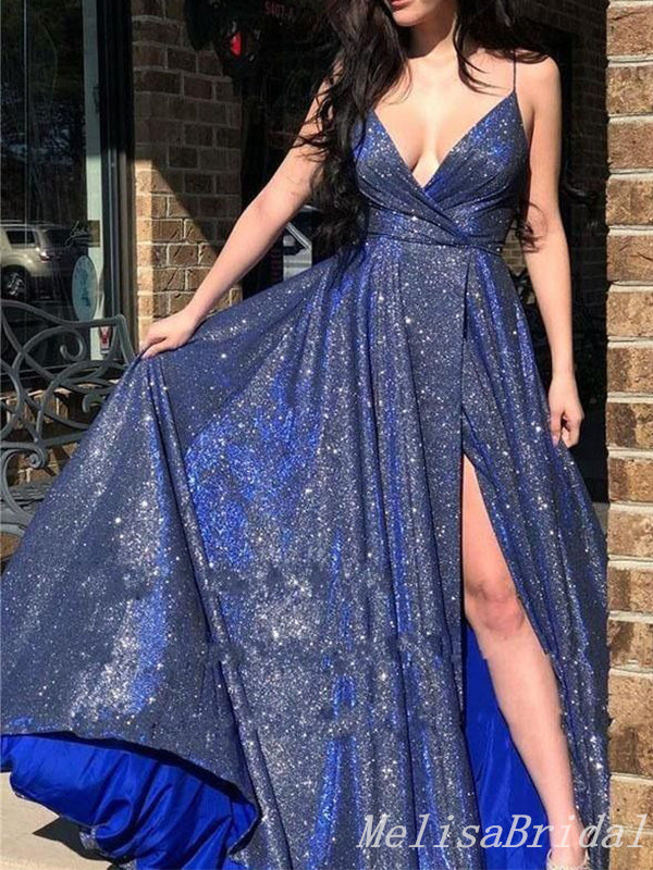 Charming Sparkle Sexy Deep V-neck Plunging Spaghetti Straps High Slit Evening Gown Long Prom Dresses,MB328