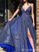 Charming Sparkle Sexy Deep V-neck Plunging Spaghetti Straps High Slit Evening Gown Long Prom Dresses,MB328