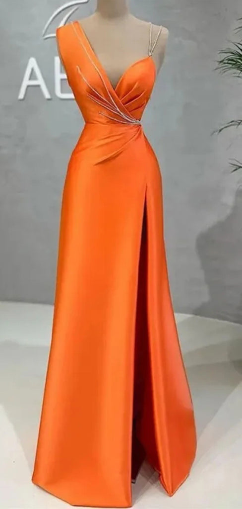 Unique One Shoulder Pleats Beading Side Slit Mermaid Evening Long Prom Dresses,MB59