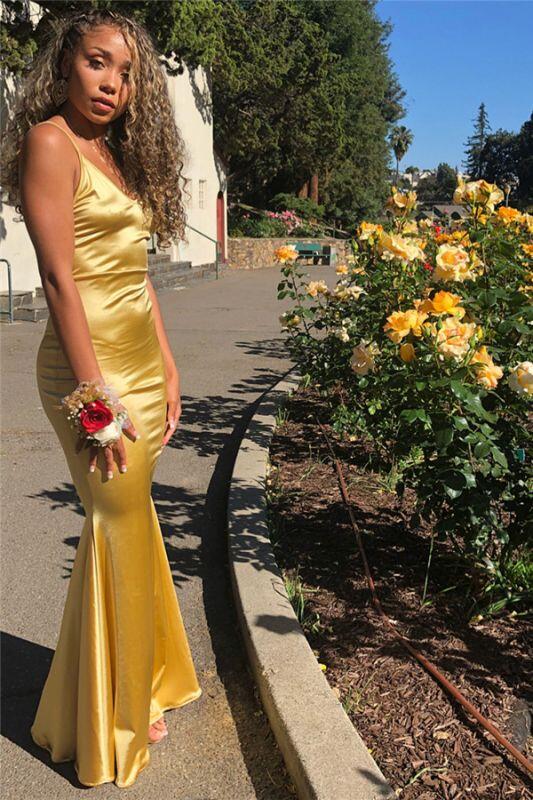 Gold V Neck Spaghetti Straps Mermaid Evening Gown Maxi Long Evening Party Prom Dresses ,MB700