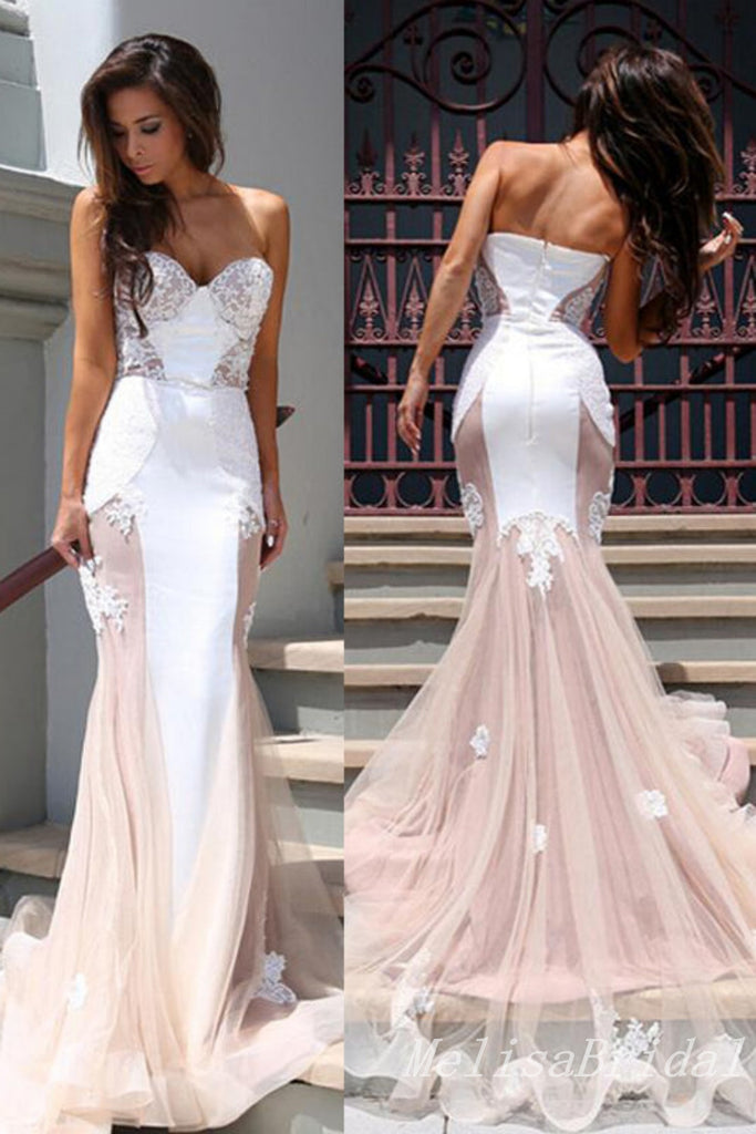 Lace Appliques Pink and White Strapless Sweetheart Evening Gown Maxi Long Evening Party Prom Dresses with Trailing,MB806