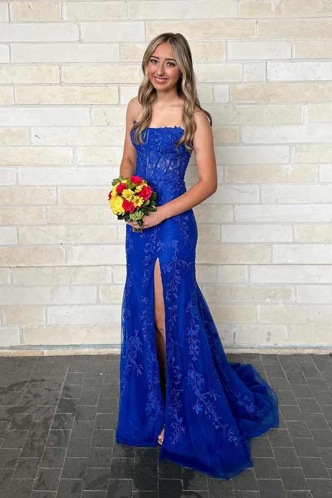Sexy Dark Blue Lace Appliques Tulle Strapless  Side Slit Mermaid Long Evening Prom Dresses,MB100