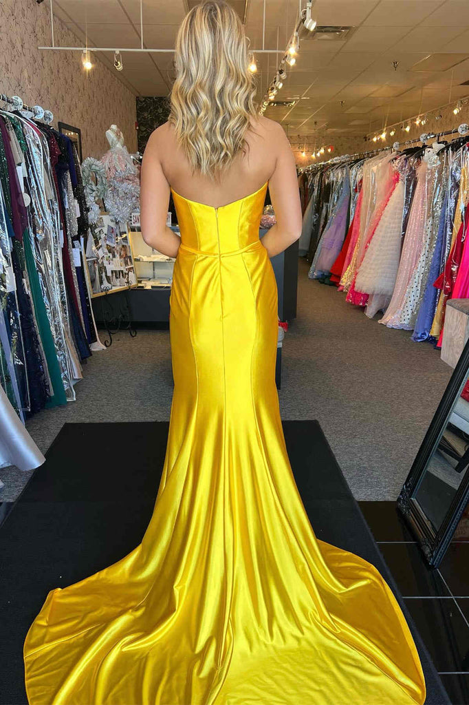Elegant Yellow Pleats Strapless Mermaid Long Evening Prom Dresses,MB126