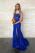Sexy Dark Blue Lace Appliques Tulle Strapless  Side Slit Mermaid Long Evening Prom Dresses,MB100