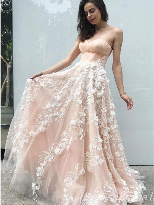 Pearl White A-Line Floral Appliques Sweetheart Strapless Evening Gown Maxi Long Evening Party Prom Dresses,MB638