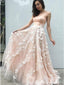 Pearl White A-Line Floral Appliques Sweetheart Strapless Evening Gown Maxi Long Evening Party Prom Dresses,MB638
