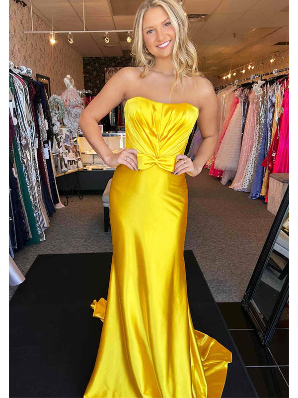 Elegant Yellow Pleats Strapless Mermaid Long Evening Prom Dresses,MB126