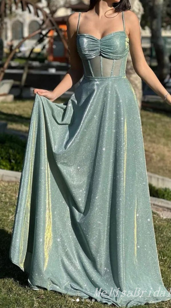 Sparkle Green Spaghetti Straps A-line Evening Gown Maxi Long Evening Party Prom Dresses ,MB782