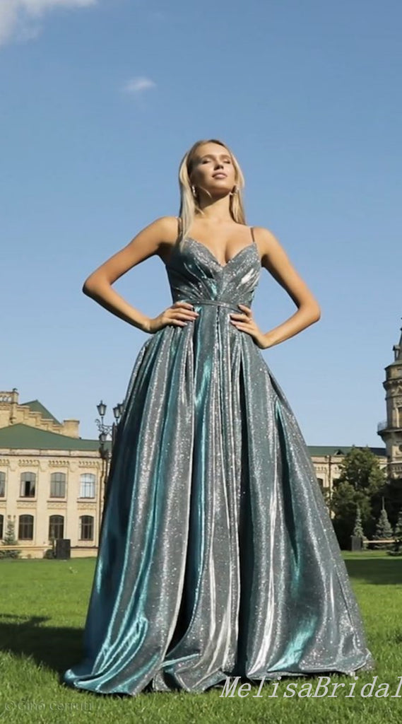 Sparkle V Neck Spaghetti Straps A-line Evening Gown Maxi Long Evening Party Prom Dresses ,MB783