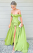 Olive Off-The-Shoulder A-Line Evening Gown Maxi Long Formal Dresses Prom Dresses With High Slit ,MB583